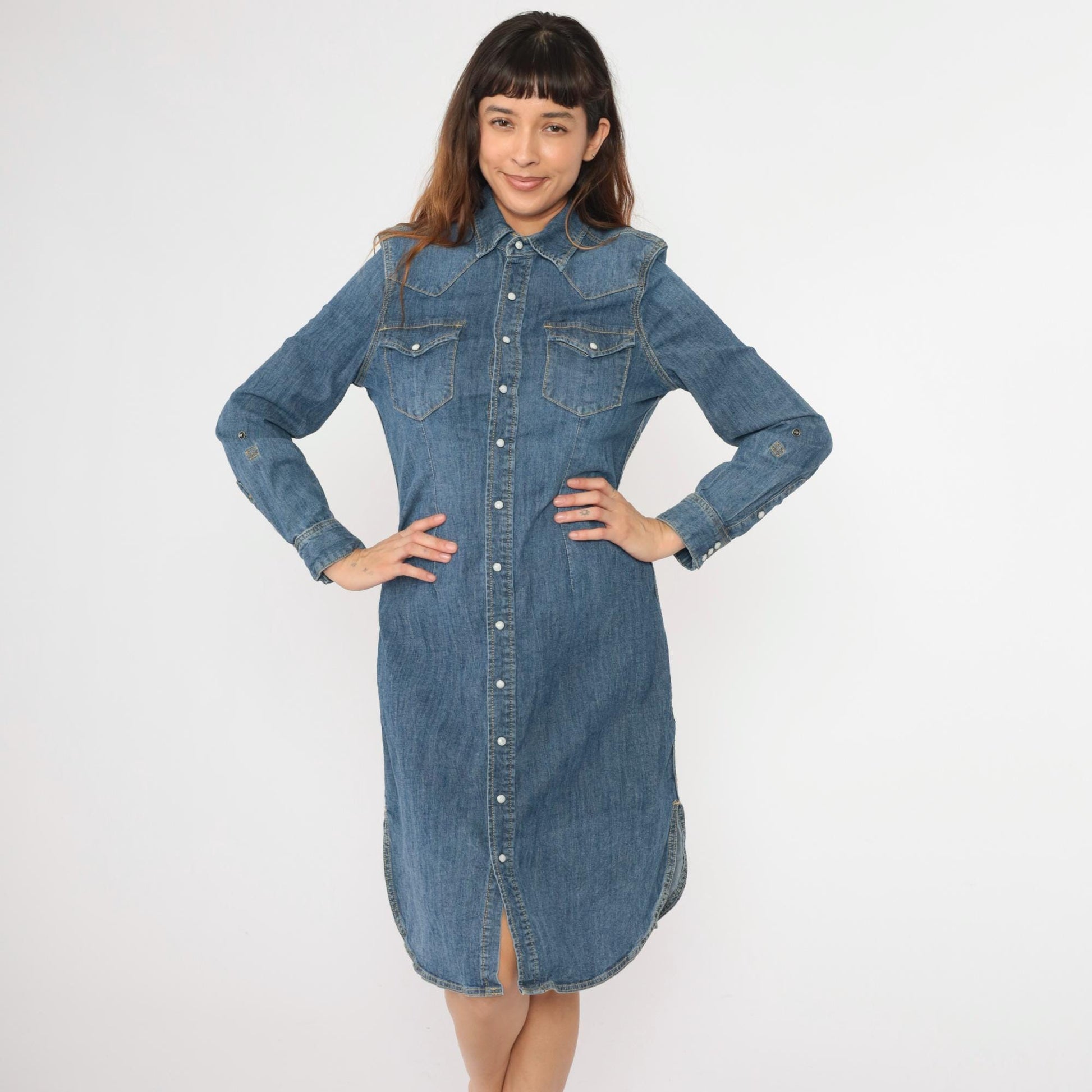 00s Reba Denim Midi Dress Pearl Snap Button-Up Sheath Blue Cotton Medium