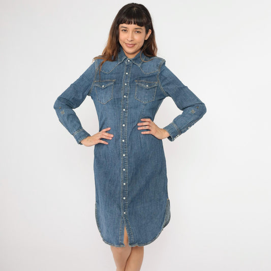 00s Reba Denim Midi Dress Pearl Snap Button-Up Sheath Blue Cotton Medium