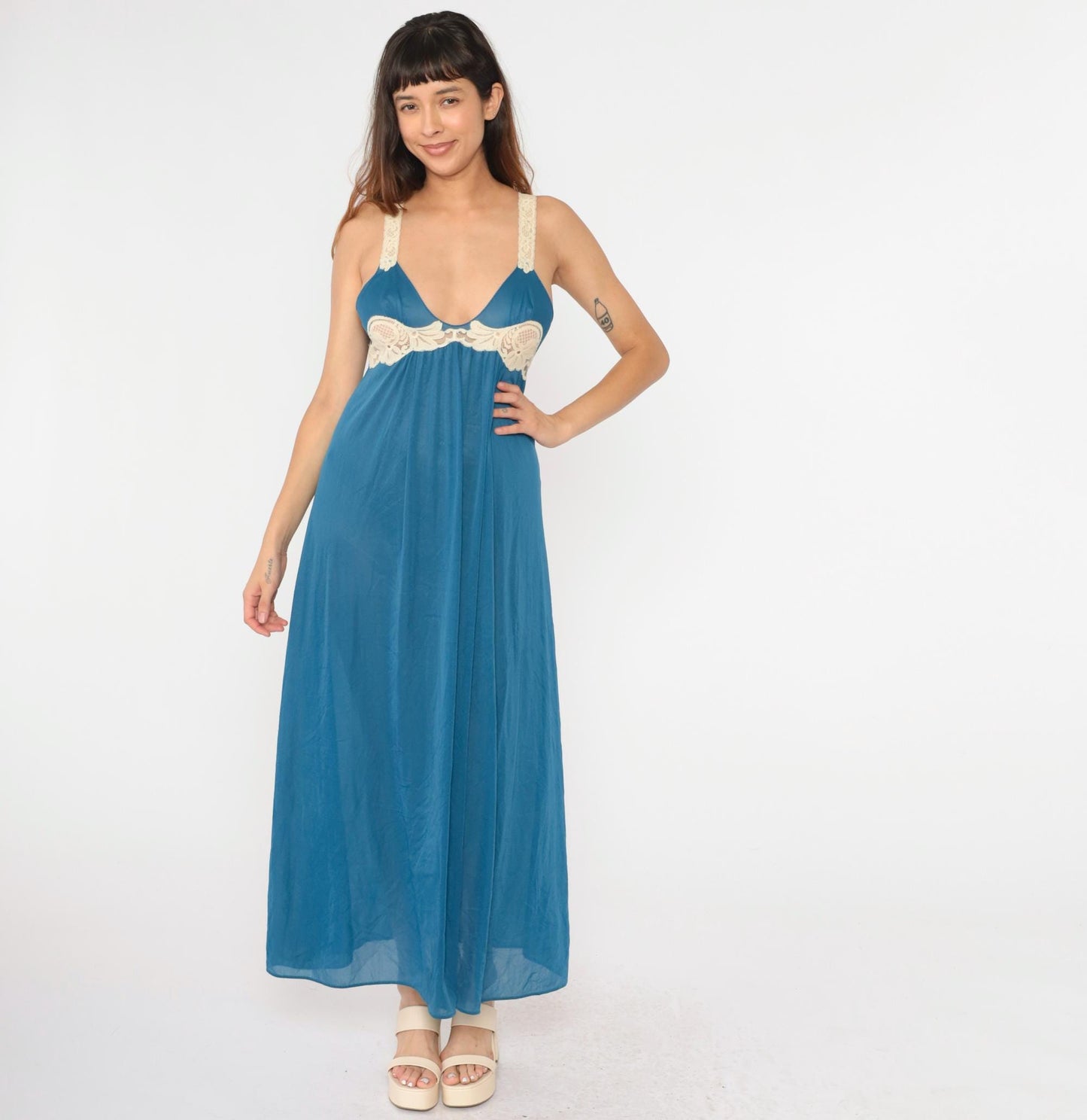 70s Kayser Blue Nylon Nightgown Cream Lace Trim Maxi Empire Waist Medium