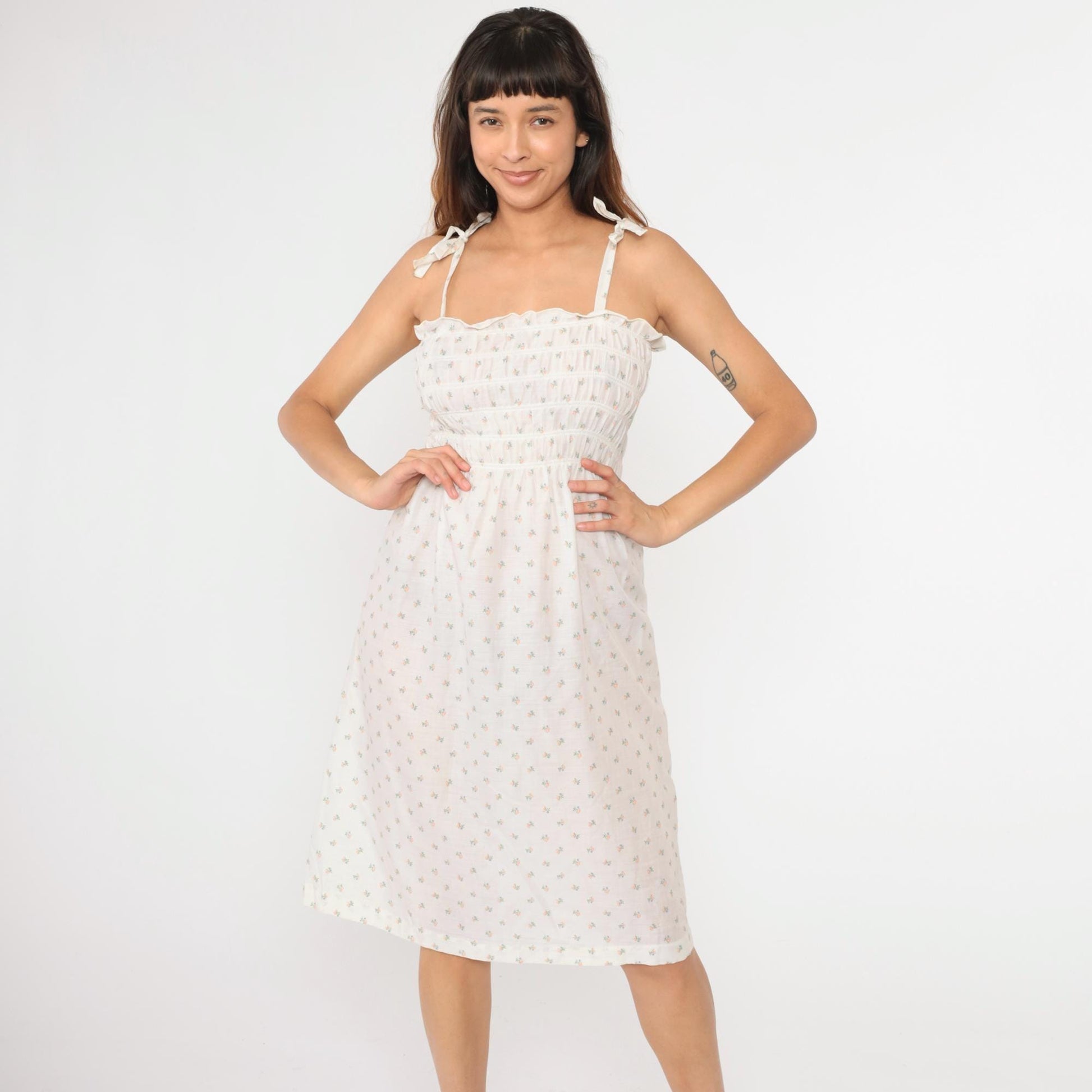 70s Floral Calico Sundress White Smocked Spaghetti Strap Midi Small