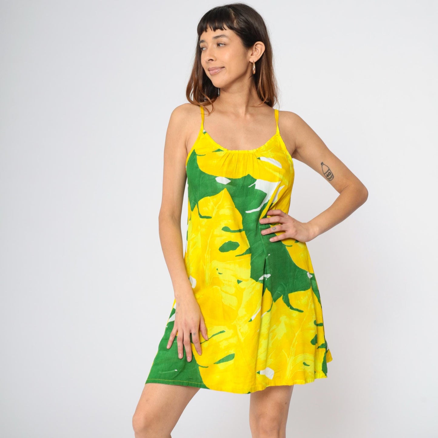 Y2K Tropical Leaf Print Mini Dress Yellow Green Spaghetti Strap Small