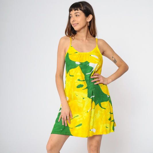 Y2K Tropical Leaf Print Mini Dress Yellow Green Spaghetti Strap Small