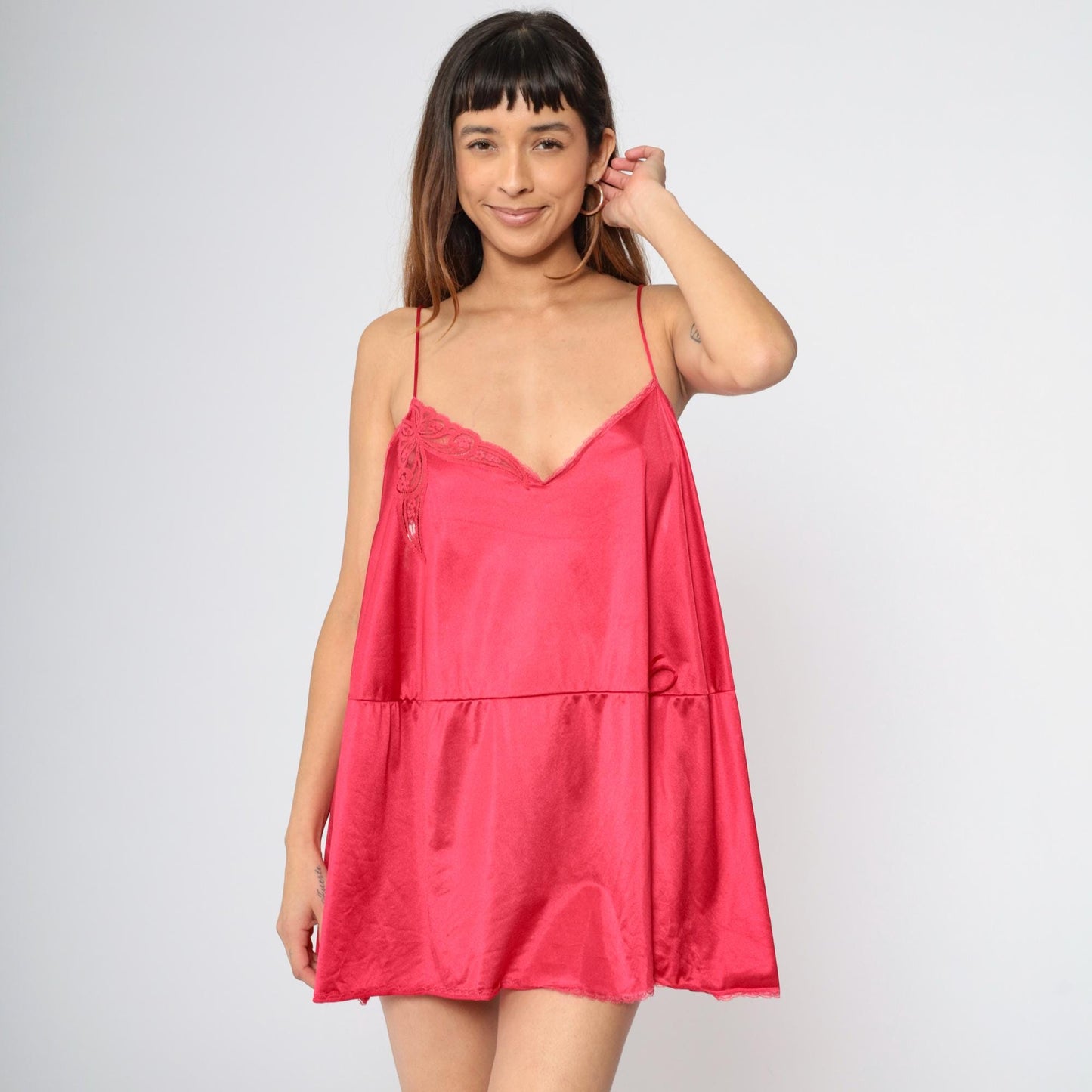80s Vanity Fair Slip Dress Plus Size XXL Raspberry Pink Lace Spaghetti Strap Mini