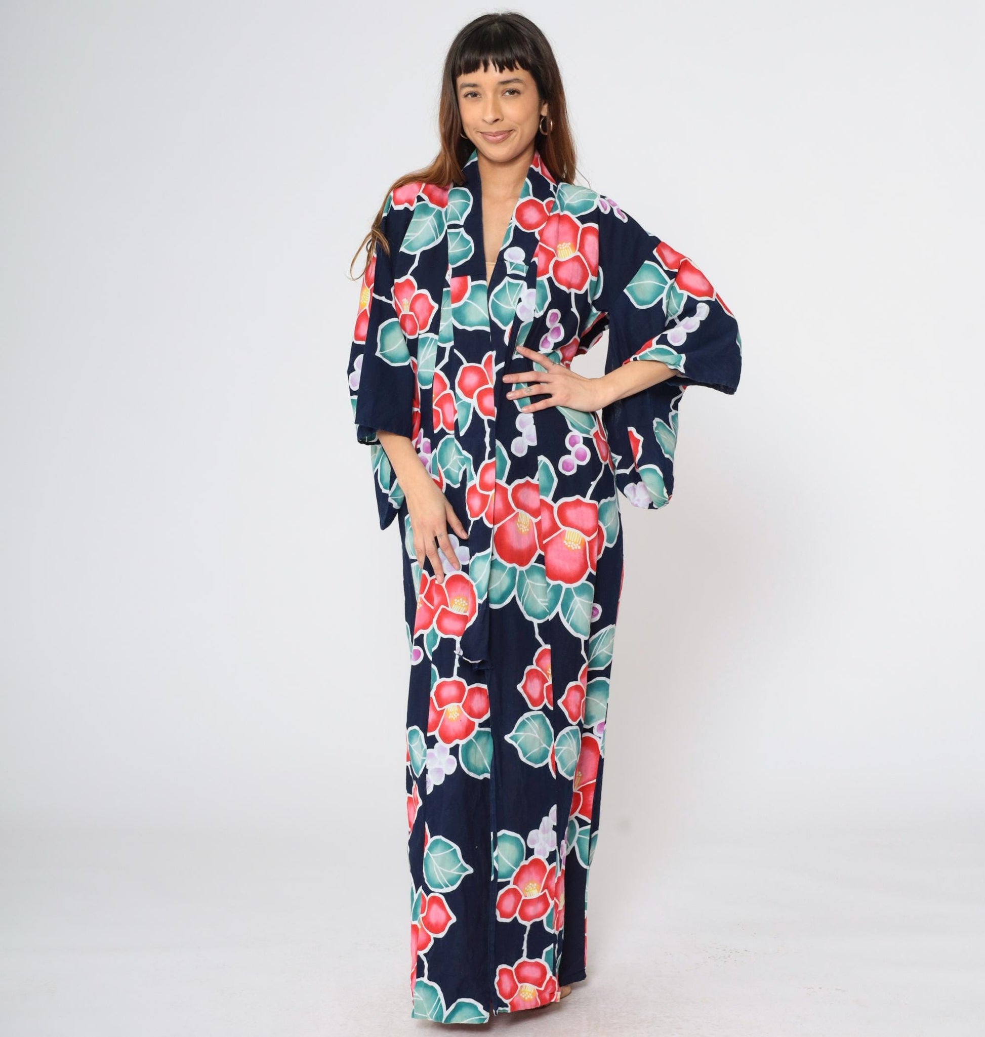 Y2K Japanese Floral Kimono Navy Blue Maxi Robe Open Front Small Medium Large
