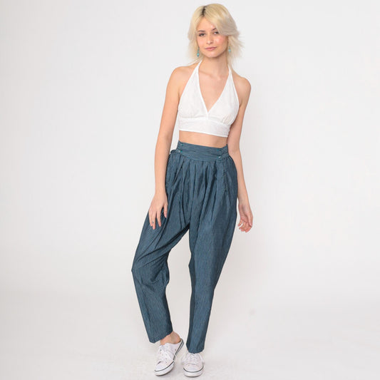 80s Parachute Pants Blue Grey Pinstripe High Waist Pleated Tapered Small