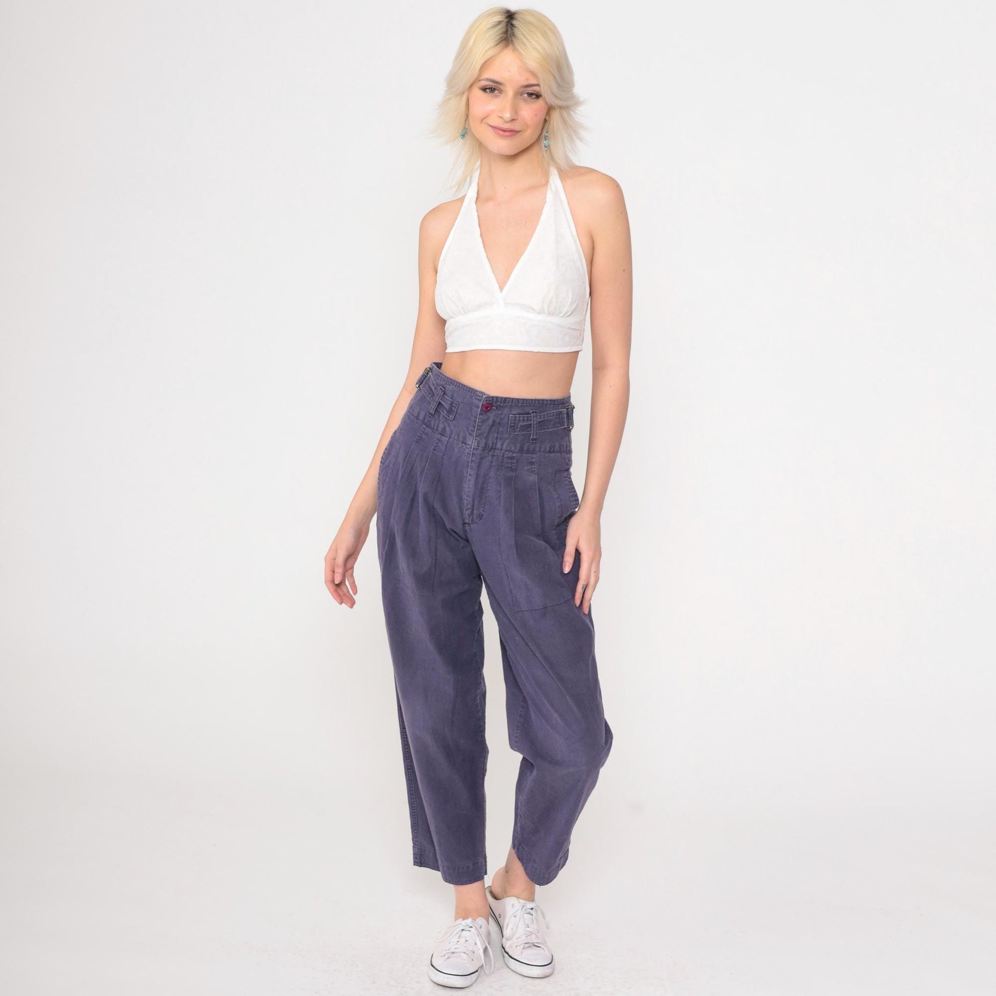 80s Purple High-Waisted Pleated Tapered Trousers Cotton Small 7