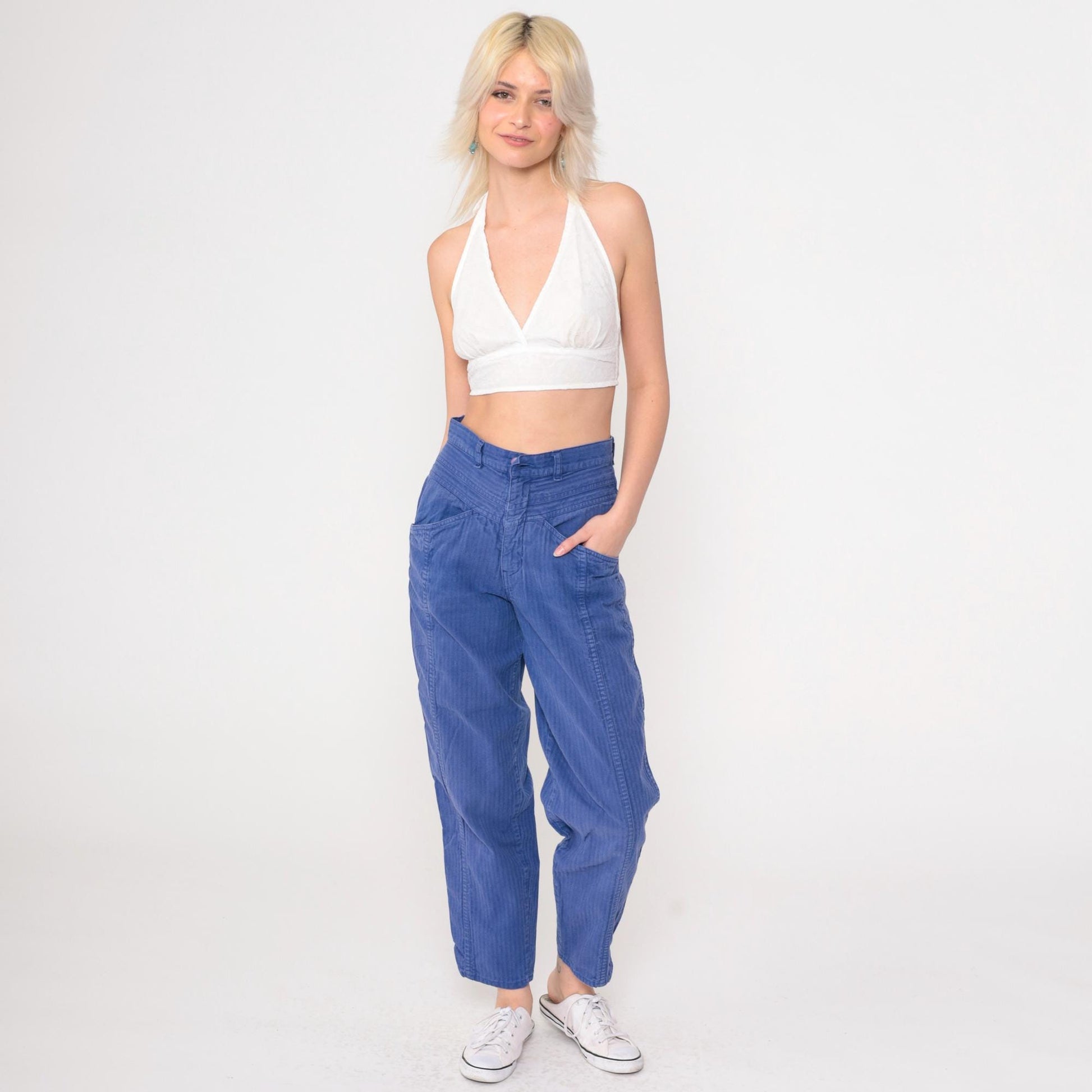 90s Blue Pinstriped High-Waist Tapered Pants Cotton Small
