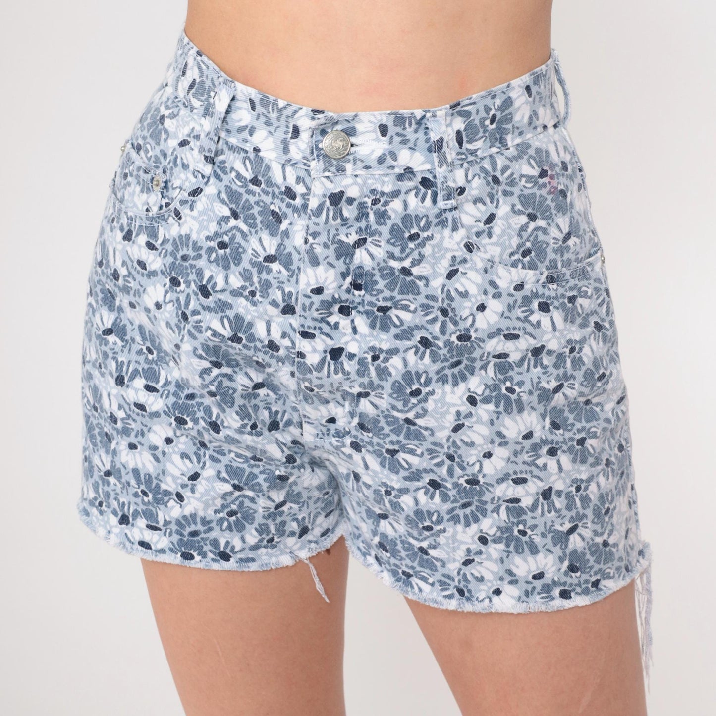 90s Floral Denim Shorts Blue White High Waist Frayed Cutoff Small