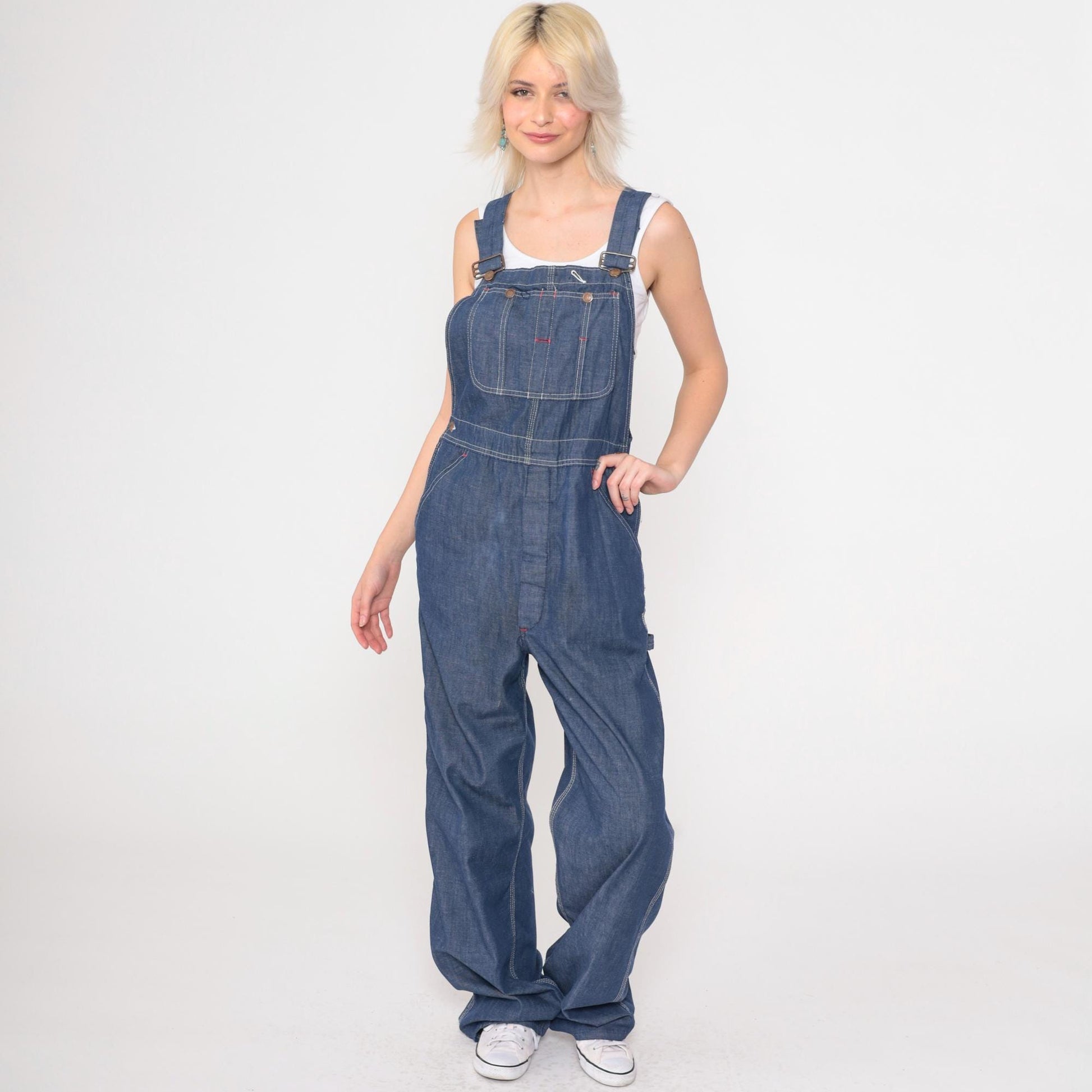 70s Dark Blue Denim Bib Overalls Wide Leg Long Dungarees Small S