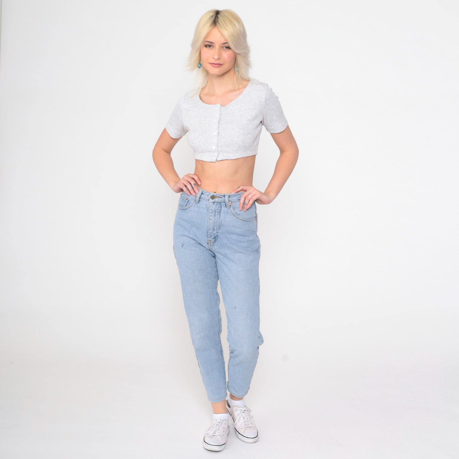 90s High Waisted Tapered Ankle Jeans Blue Denim Small