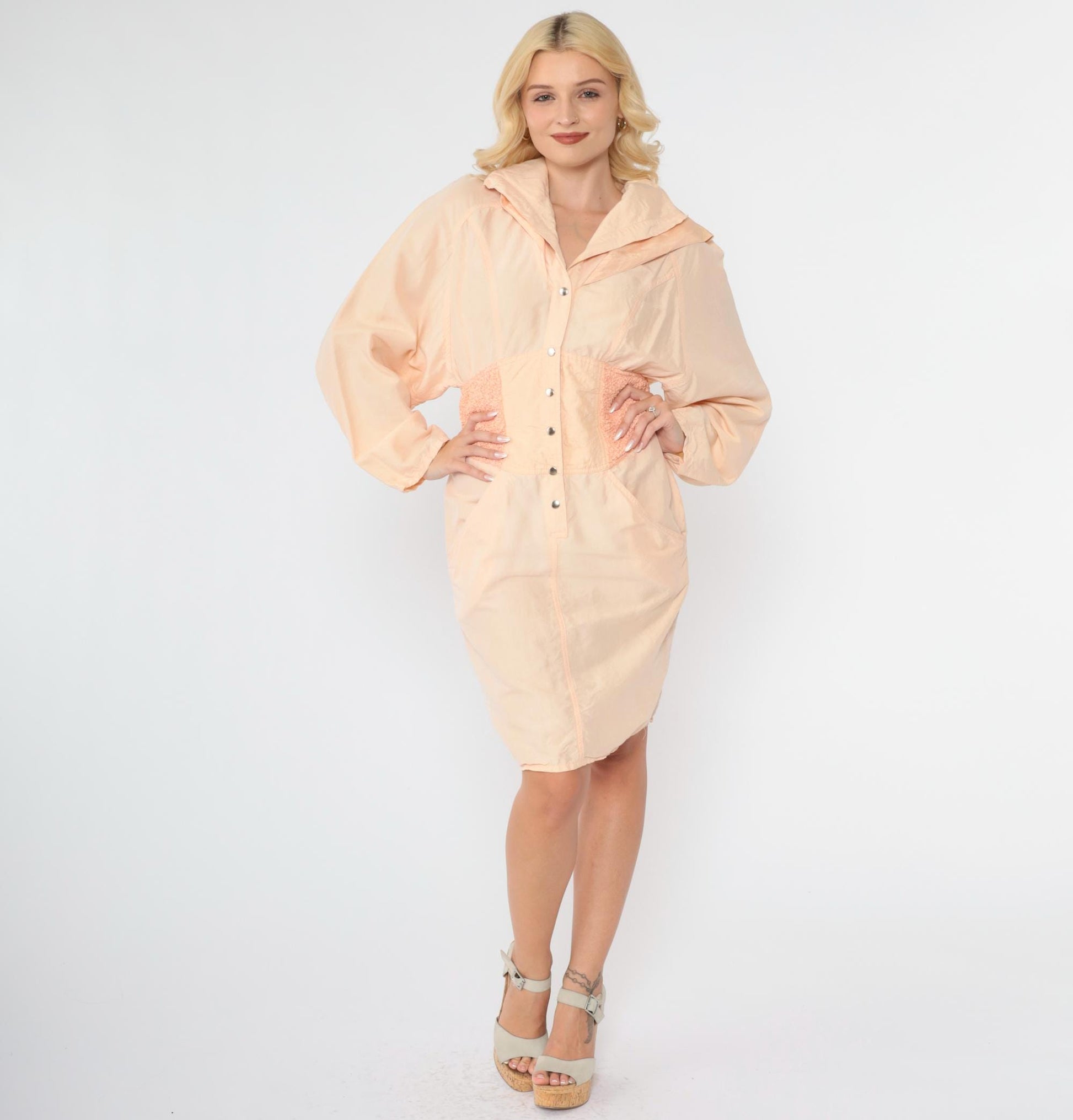80s Marshall Rousso Peach Snap Mini Shirtdress High Waist Small
