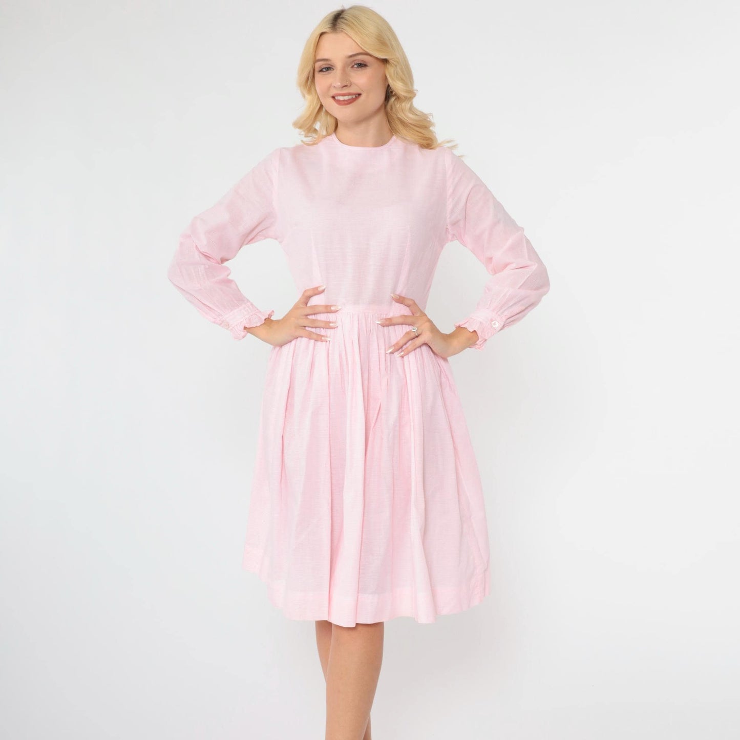 1960s Pink Checkered Dress High Waist Ruffled Long Sleeve Knee Length Extra Small