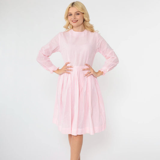 1960s Pink Checkered Dress High Waist Ruffled Long Sleeve Knee Length Extra Small
