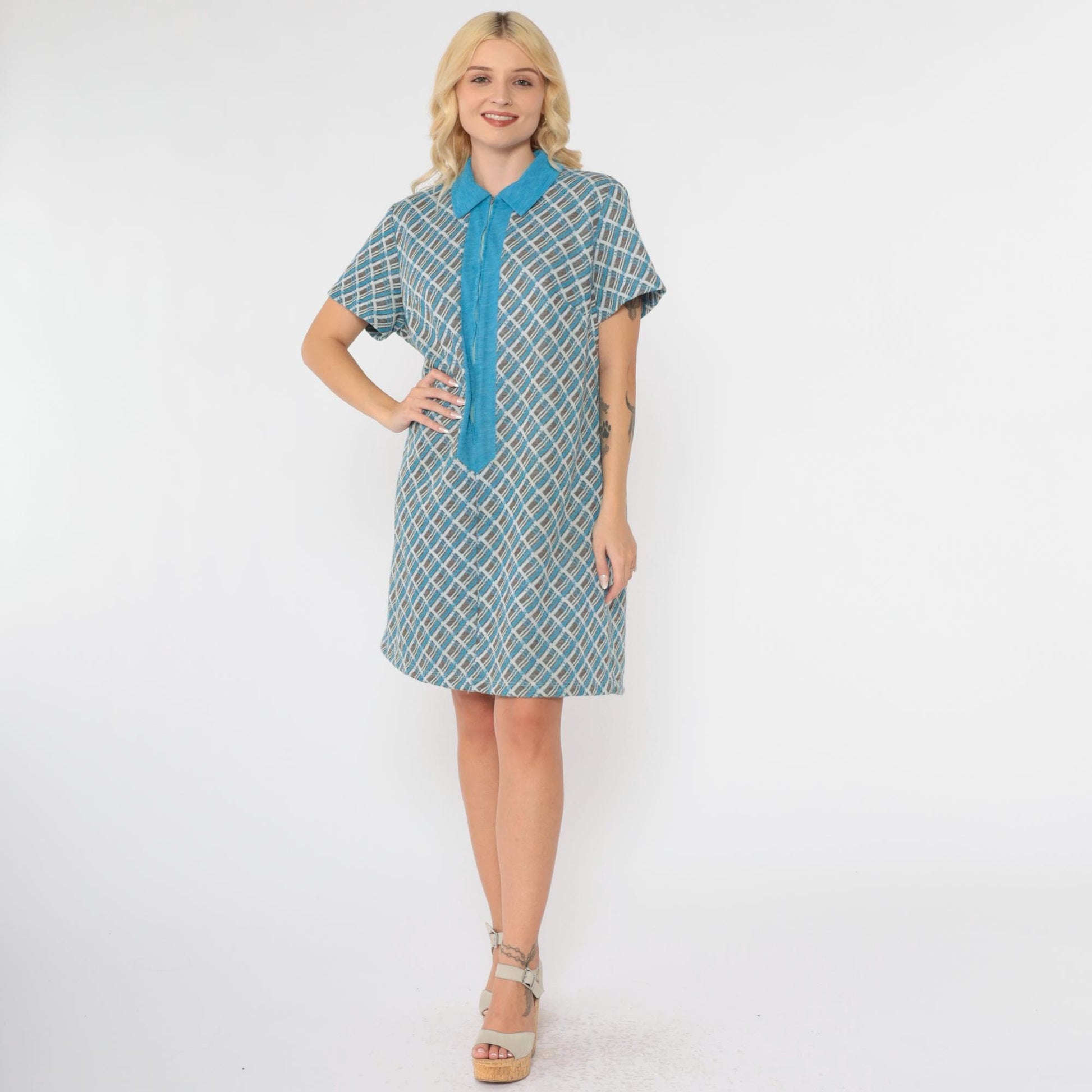 70s Plaid Shift Dress Mini Blue Brown Checkered Front Zip Collar Extra Large