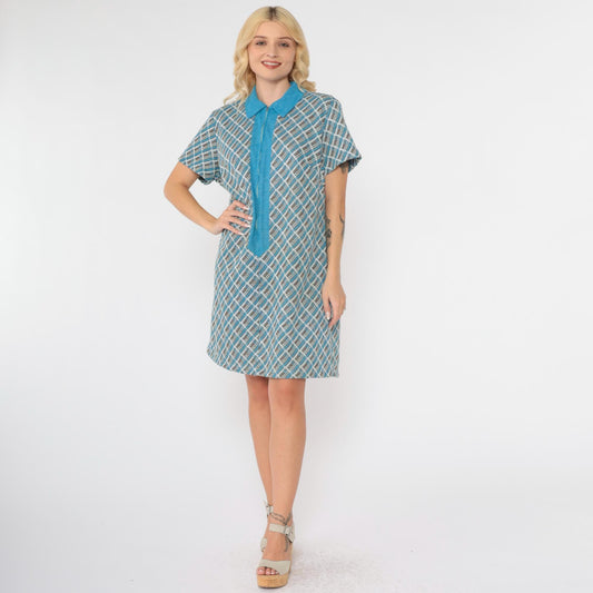 70s Plaid Shift Dress Mini Blue Brown Checkered Front Zip Collar Extra Large