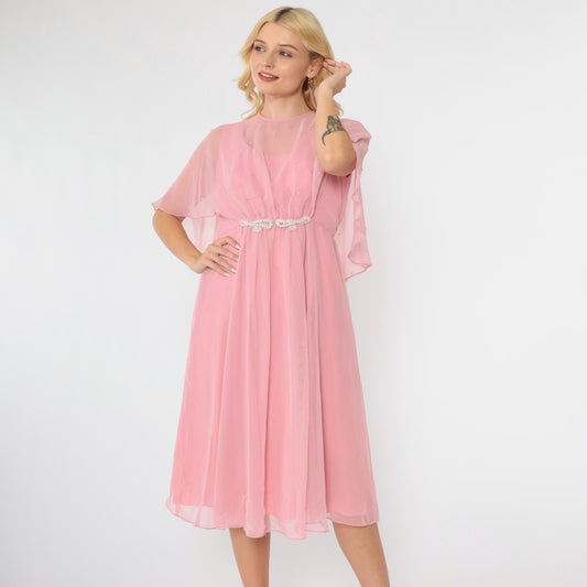 70s Pink Chiffon Midi Dress Pearl Beaded Capelet Flutter Sleeve Medium