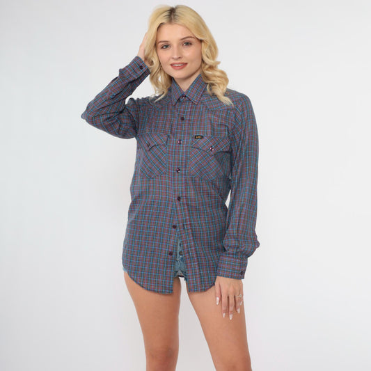 80s Lee Plaid Button-Up Shirt Blue Red Checkered Long Sleeve Small