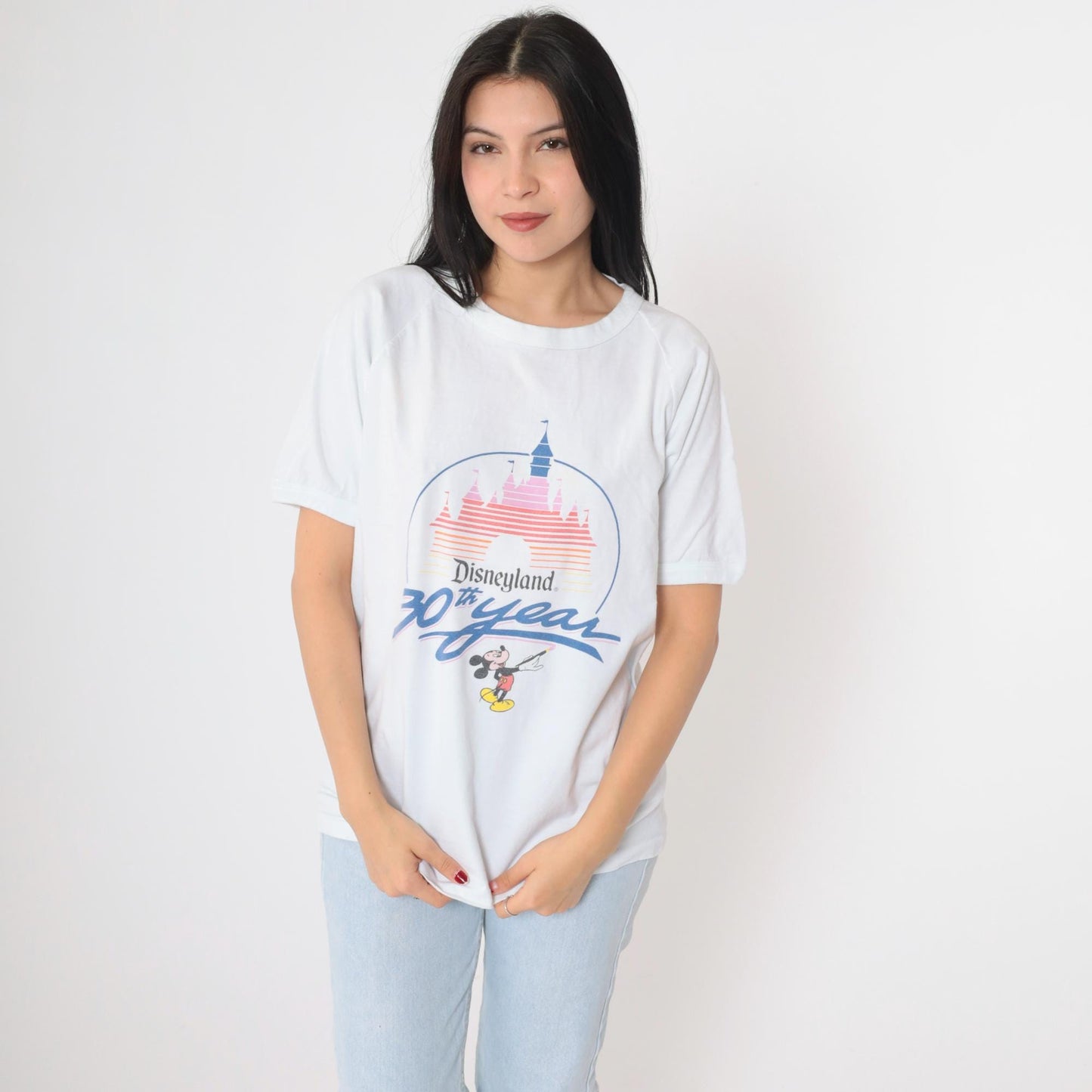 1985 Disneyland 30th Anniversary Mickey Mouse T-Shirt White Raglan Medium