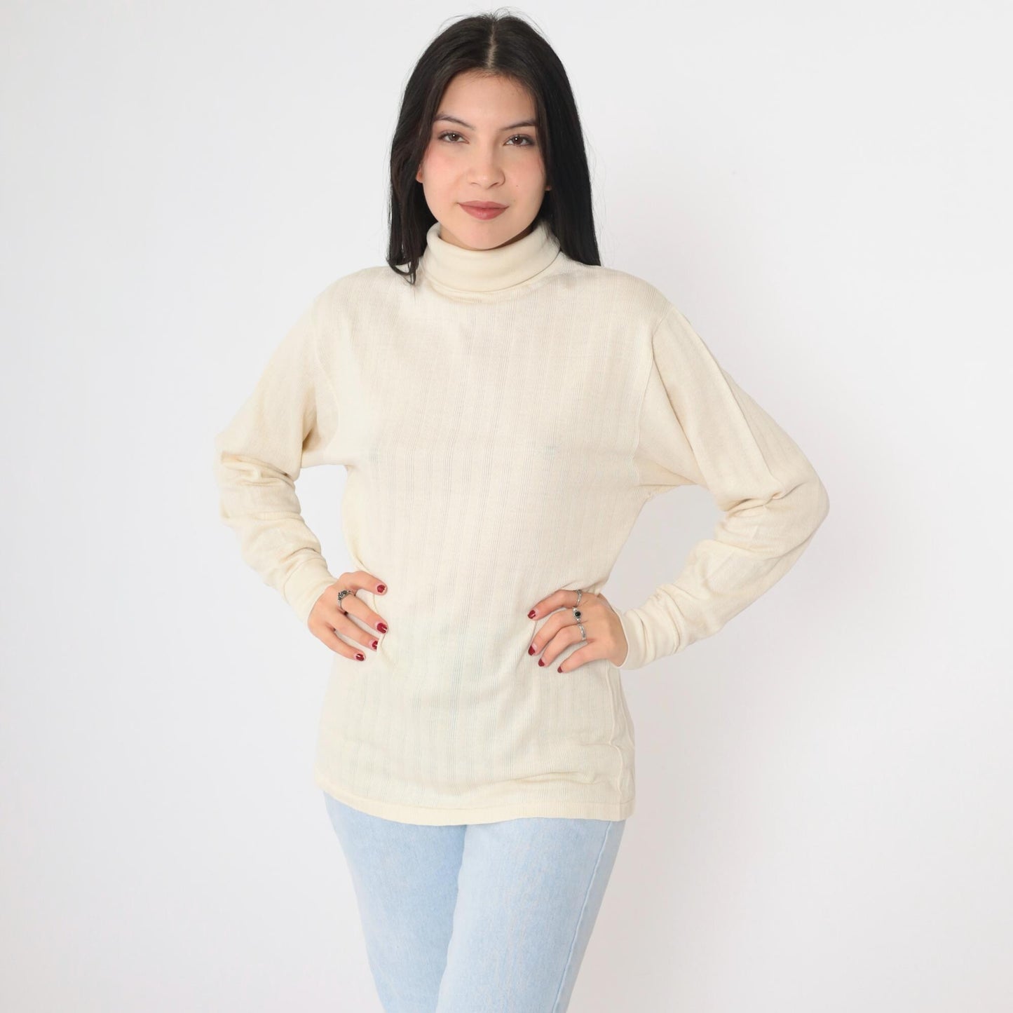 70s Cream Ribbed Turtleneck Long Sleeve Knit Top Medium