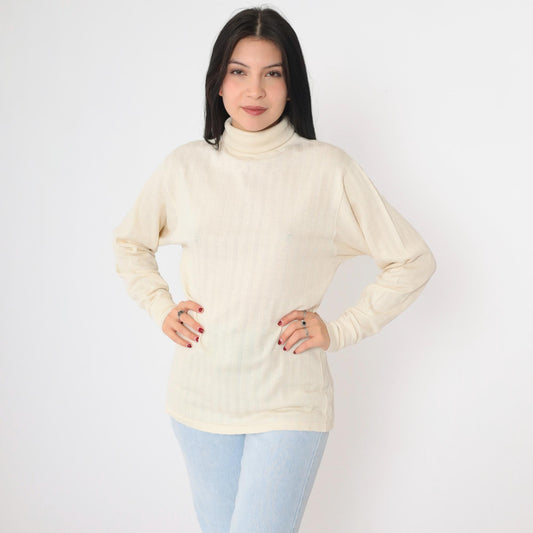 70s Cream Ribbed Turtleneck Long Sleeve Knit Top Medium