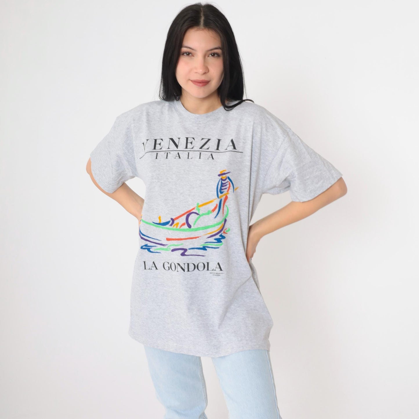 90s Venezia Italia La Gondola Venice Graphic T-Shirt Grey Large L