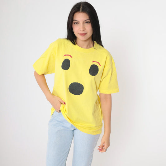 90s Pro Club Surprised Face Graphic Tee Yellow Cotton Crewneck Large