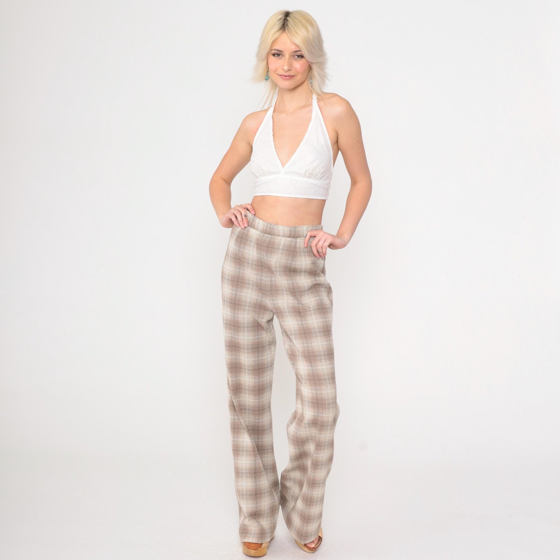 70s Plaid Flared Trousers Taupe High Waist Elastic Pants Small