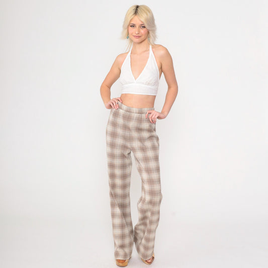 70s Plaid Flared Trousers Taupe High Waist Elastic Pants Small