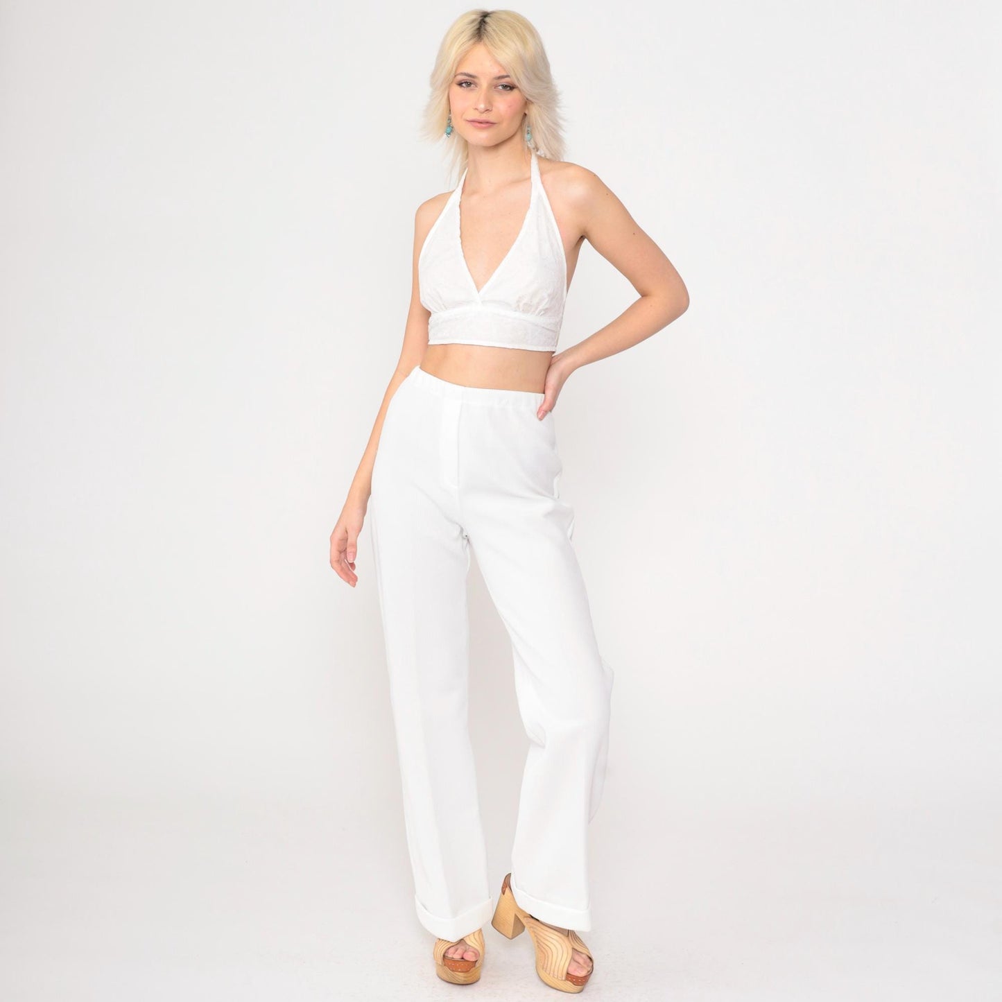 70s White Ribbed Polyester High-Rise Straight Leg Pants Elastic Waist XS