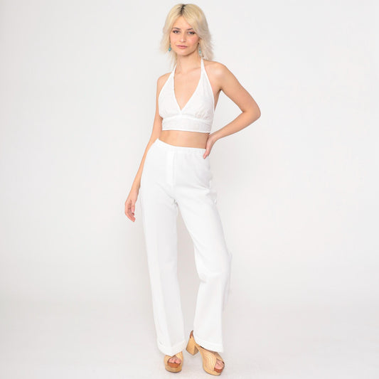 70s White Ribbed Polyester High-Rise Straight Leg Pants Elastic Waist XS