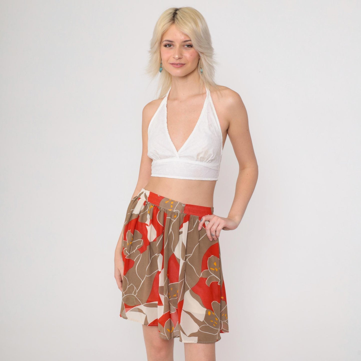 70s Floral Mini Skirt High Waist Red Brown Campus Casuals Small