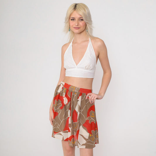 70s Floral Mini Skirt High Waist Red Brown Campus Casuals Small