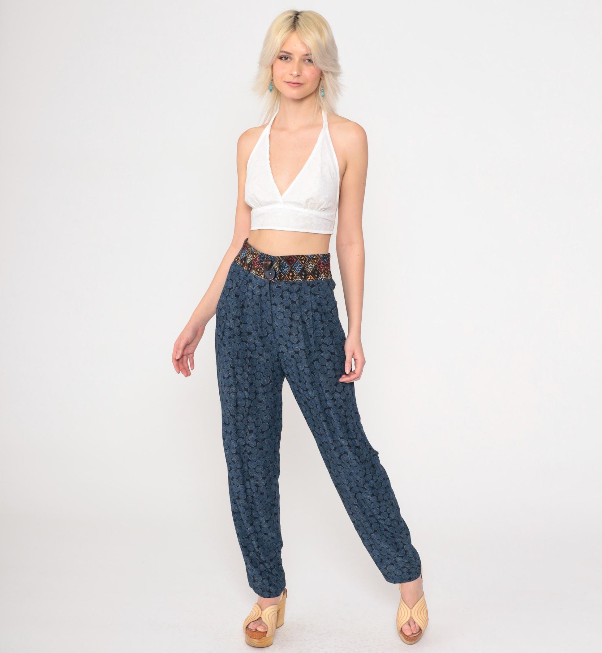 90s Geometric Print High-Waisted Tapered Trousers Blue Small 6