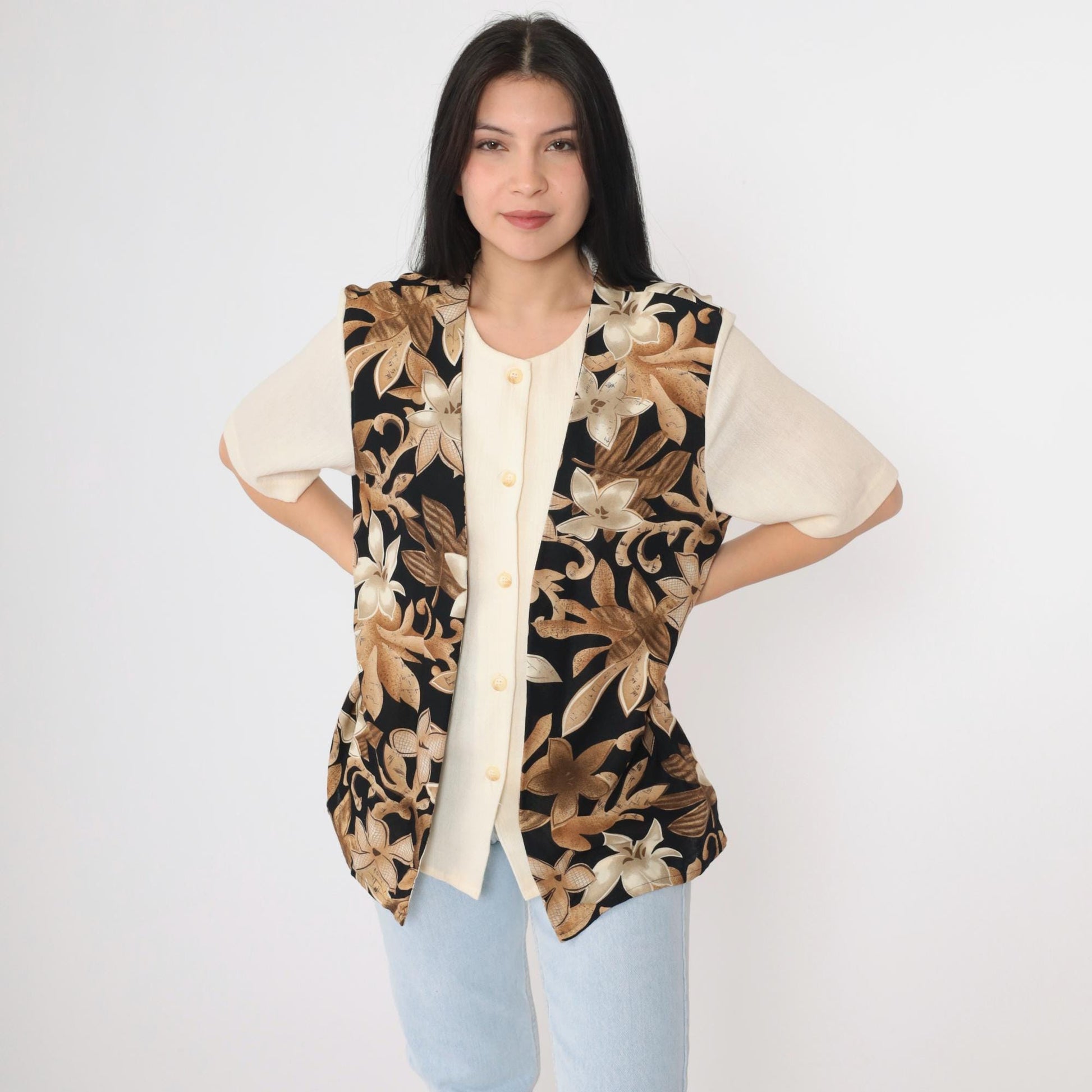 90s Alfred Dunner Floral Vest Blouse Cream Button Up Short Sleeve Large 14