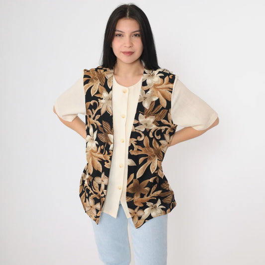 90s Alfred Dunner Floral Vest Blouse Cream Button Up Short Sleeve Large 14