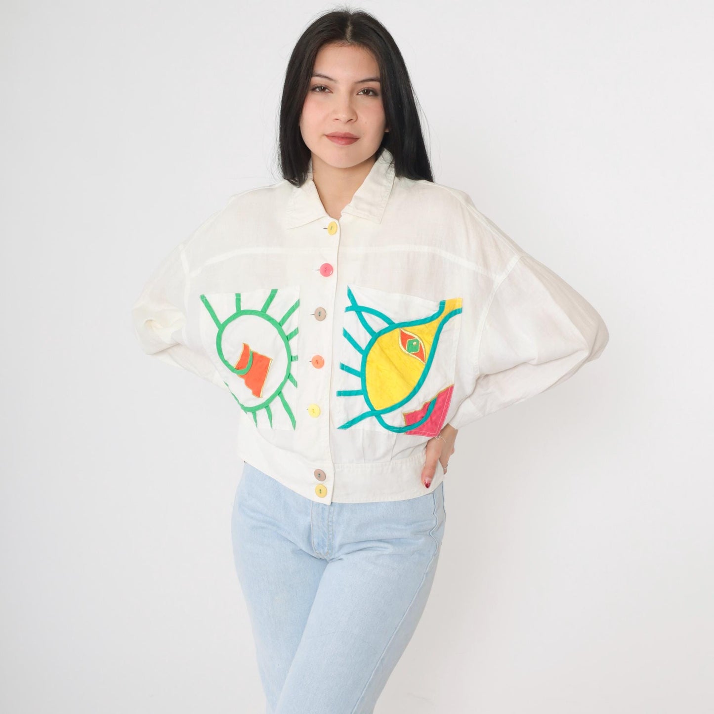 90s Ann Tian Kenar Linen Jacket Abstract Geometric Cropped Button-Up Medium Petite