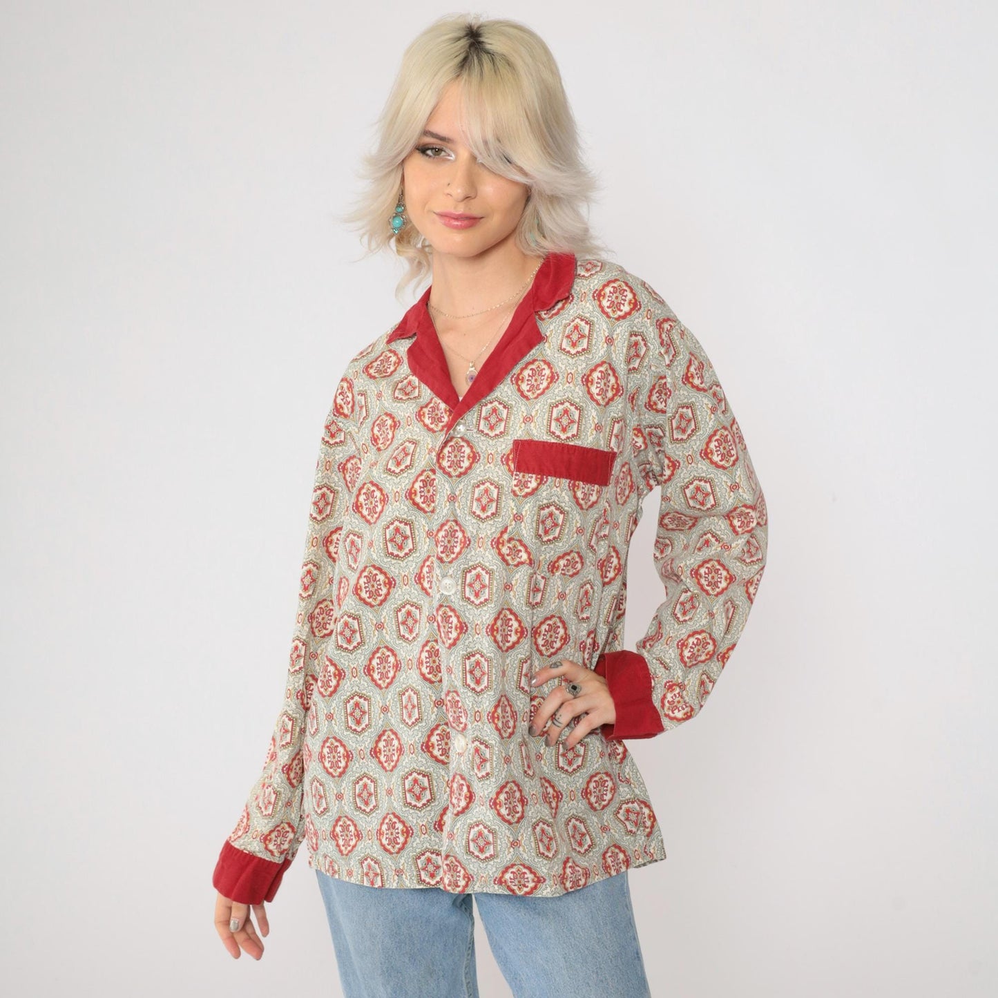 70s Towncraft Pajama Shirt Geometric Button Up Grey Red Medium