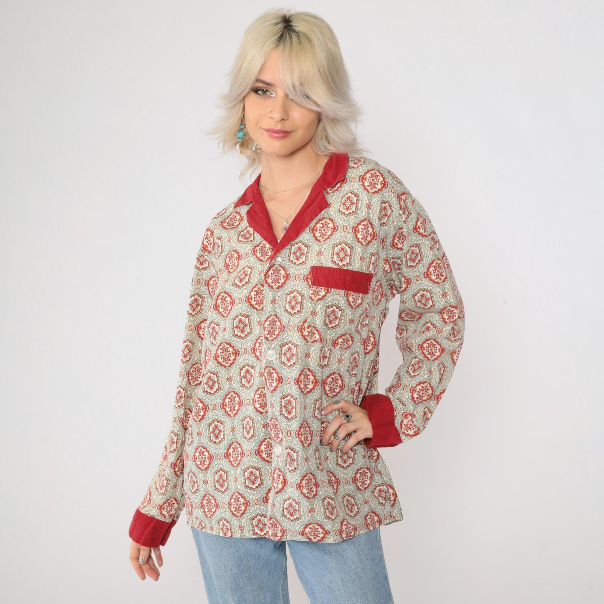 70s Towncraft Pajama Shirt Geometric Button Up Grey Red Medium