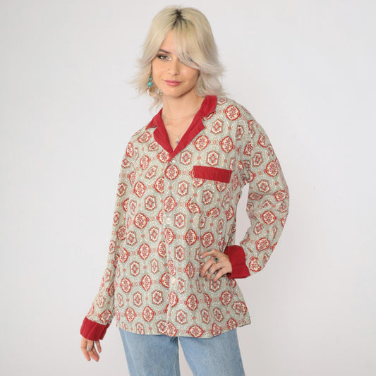 70s Towncraft Pajama Shirt Geometric Button Up Grey Red Medium