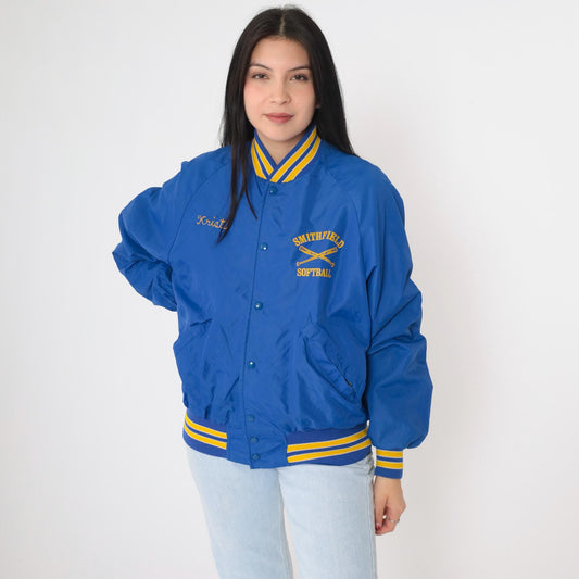 80s Smithfield Softball Bomber Jacket Blue Nylon Snap Kristi Medium
