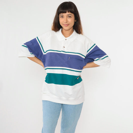 90s Jantzen Striped Polo Shirt White Blue Green Collared Short Sleeve Large L