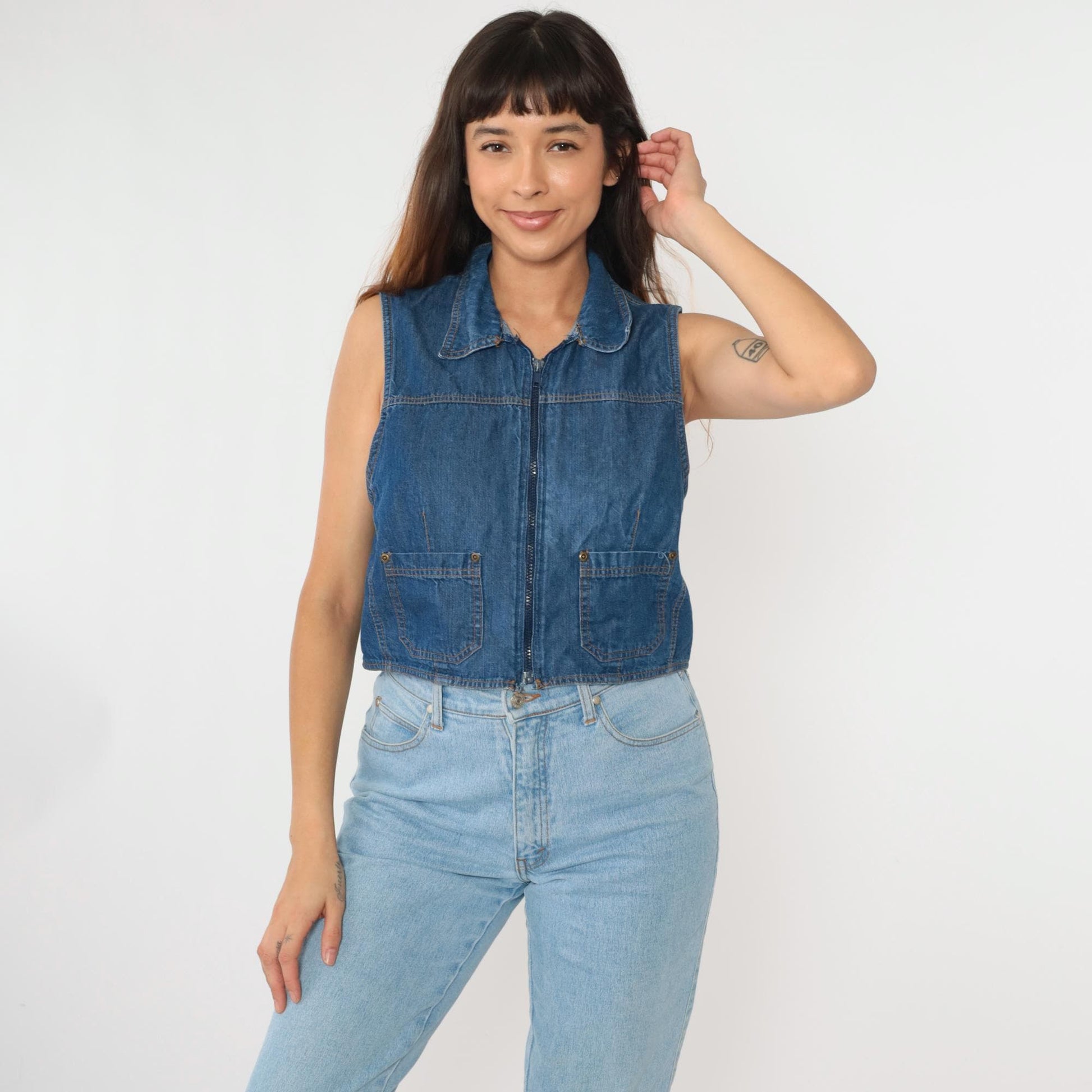 90s Blue Denim Zip Vest Cropped Sleeveless Jean Top Large