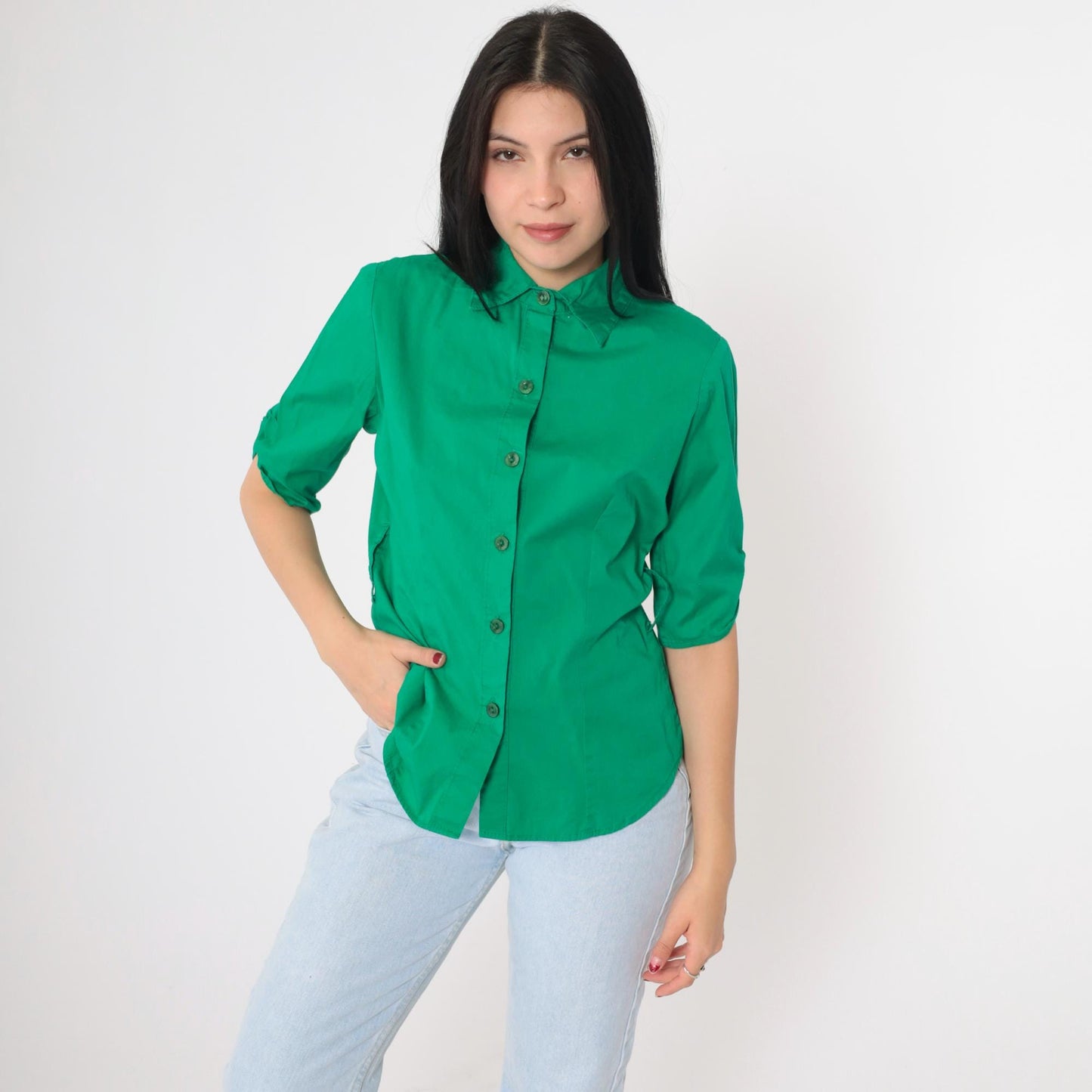 90s Kelly Green Button-Up Blouse Princess Seam Fitted Collared Top Medium