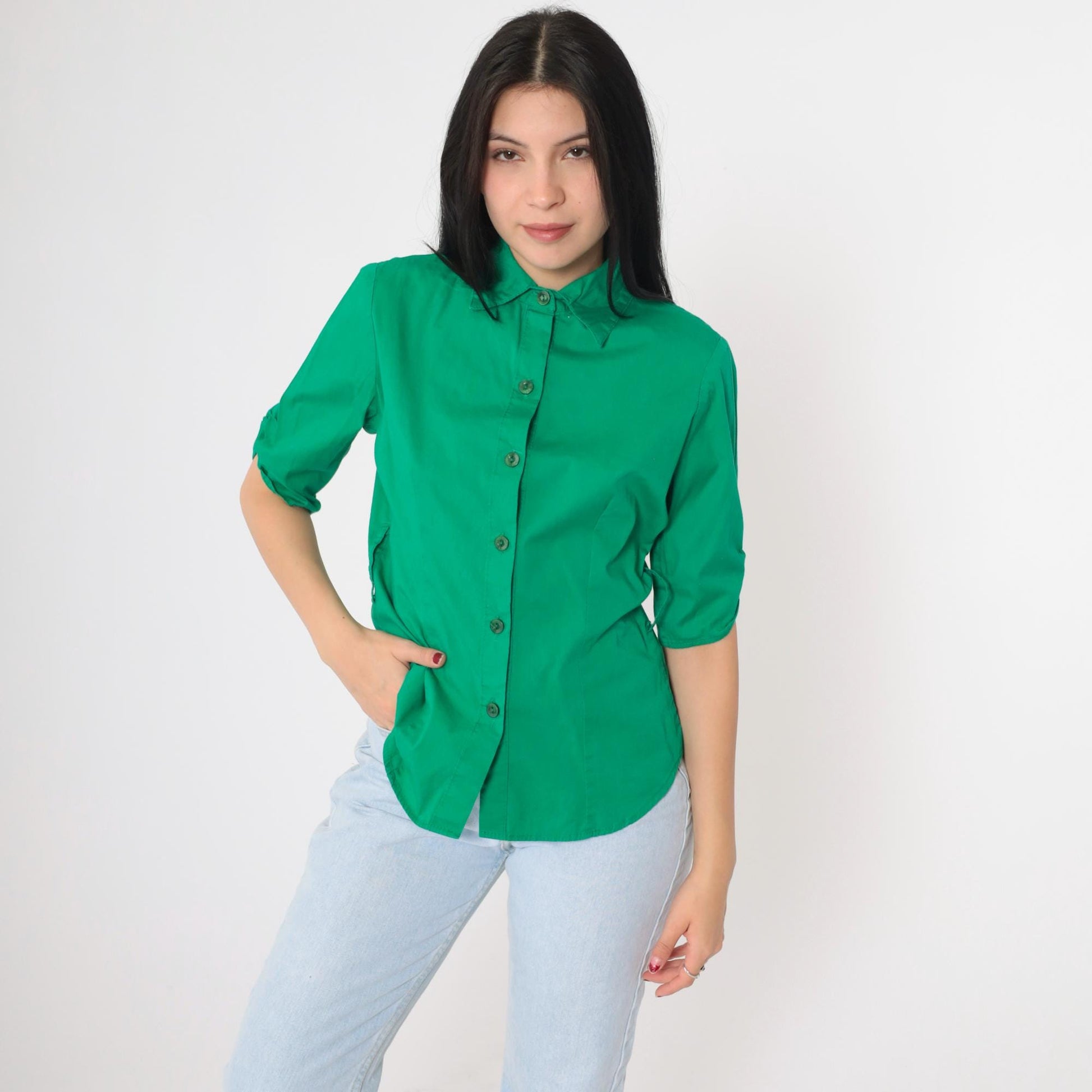 90s Kelly Green Button-Up Blouse Princess Seam Fitted Collared Top Medium