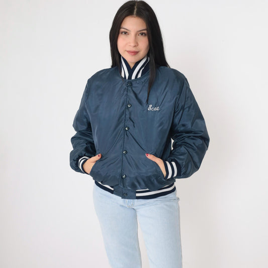 80s Bethel Pop Warner Football Bomber Jacket Dark Blue Small S