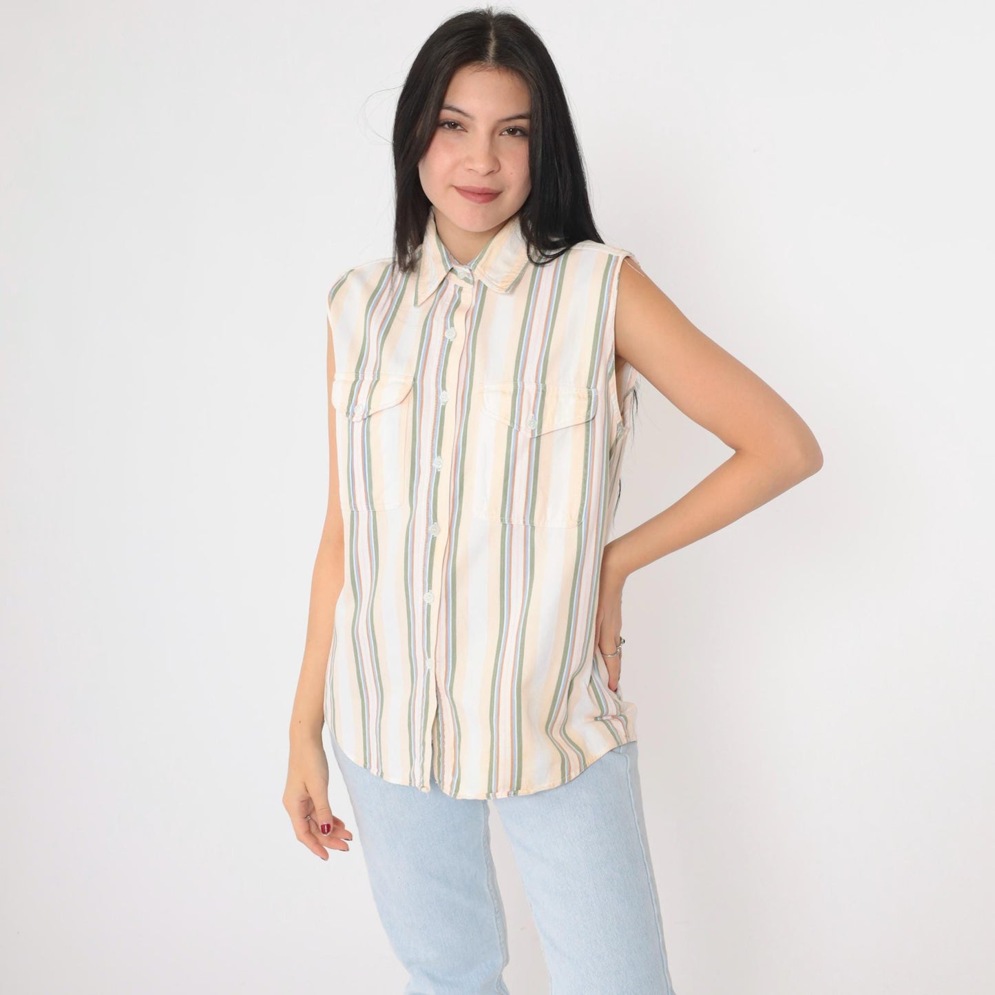 90s Westport Striped Cotton Tank Top Multicolour Chest Pocket Collar Medium M
