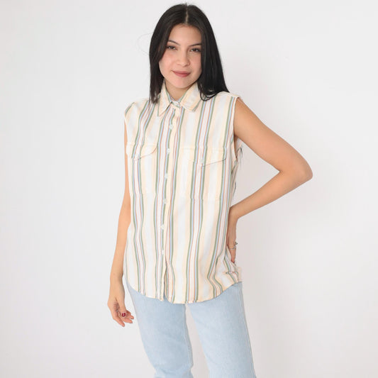 90s Westport Striped Cotton Tank Top Multicolour Chest Pocket Collar Medium M