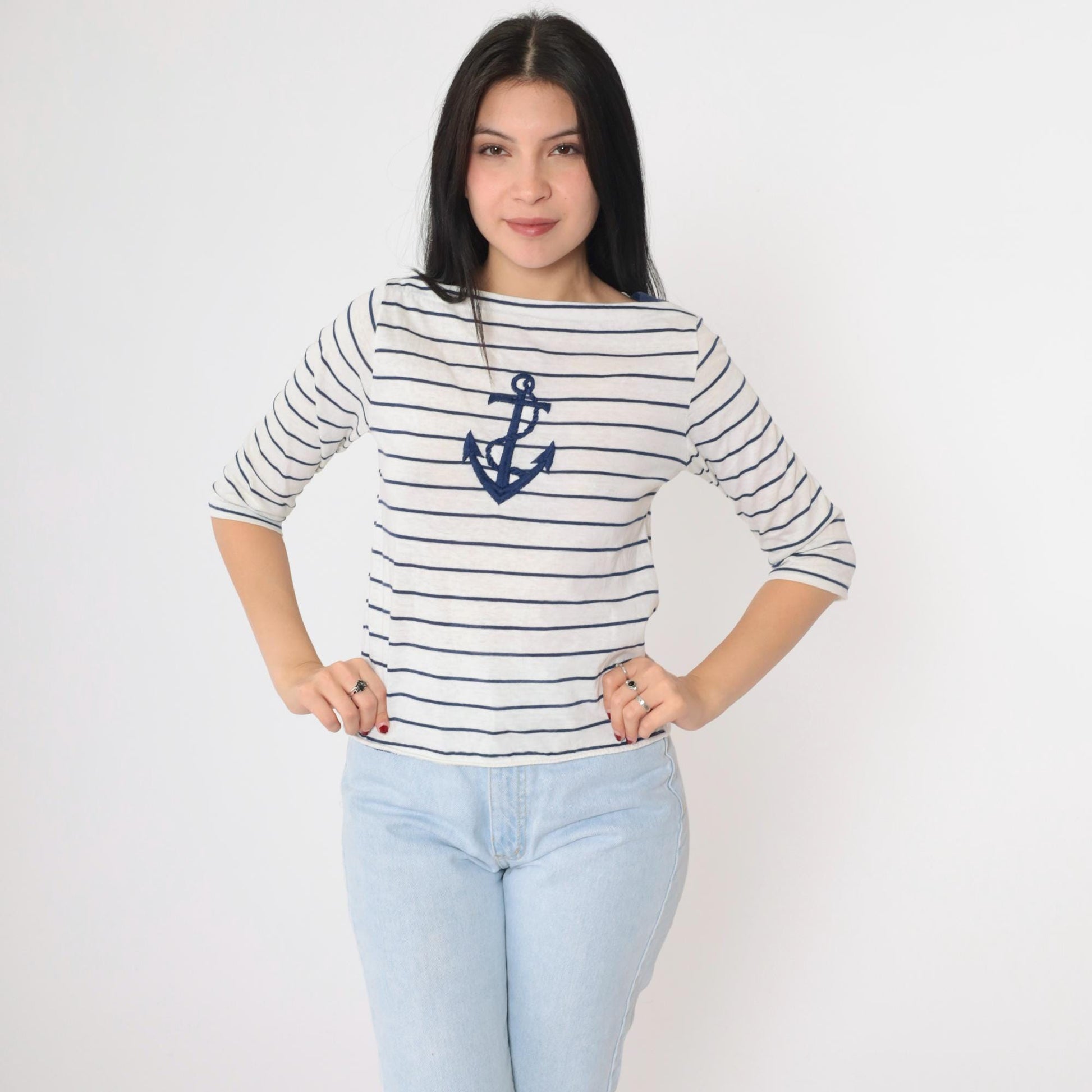 80s Striped Anchor Boatneck T-Shirt White Navy Half Sleeve Small