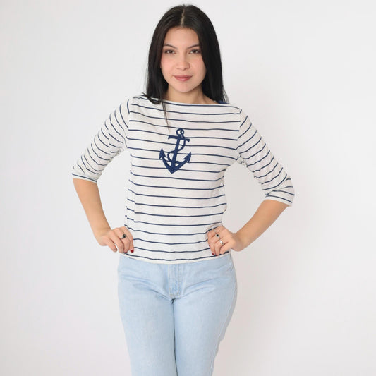 80s Striped Anchor Boatneck T-Shirt White Navy Half Sleeve Small