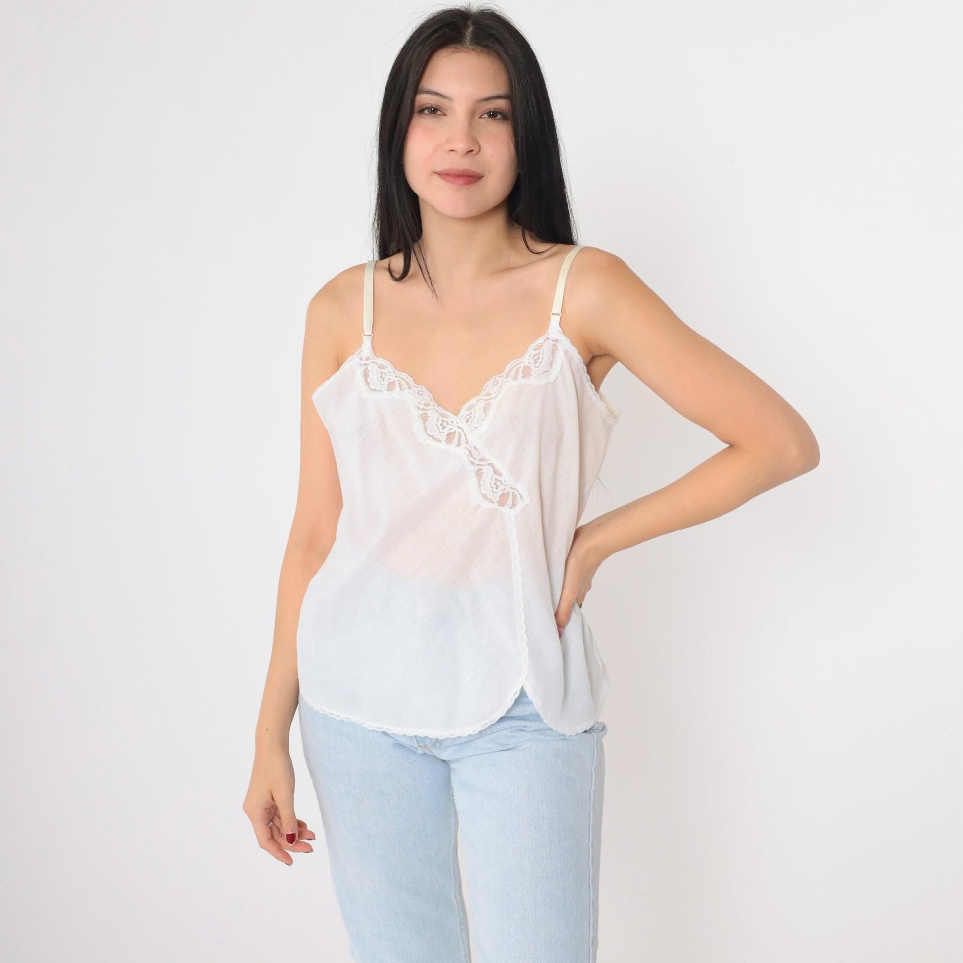 80s Kayser White Lace Camisole Adjustable Spaghetti Strap Tank Small